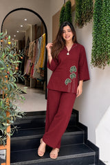 Women's Maroon Cotton Co-Ord Set with Premium Patchwork