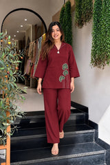 Women's Maroon Cotton Co-Ord Set with Premium Patchwork