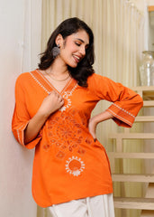 Orange Embroidered Top with White Palazzo Pants – Women's Co-Ord Set