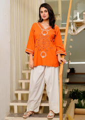 Orange Embroidered Top with White Palazzo Pants – Women's Co-Ord Set