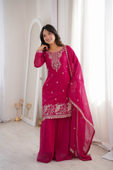 Designer Traditional Party Wear Soft Silk Top & Sharara With Dupatta set