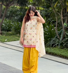 Malai Embroidery Cotton Kurti With Farsi Salwar Set