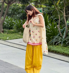 Malai Embroidery Cotton Kurti With Farsi Salwar Set