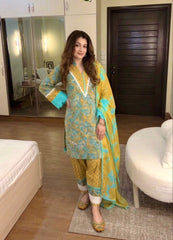 Maini Pur Printed Embroidered Cotton Kurti Pant Set