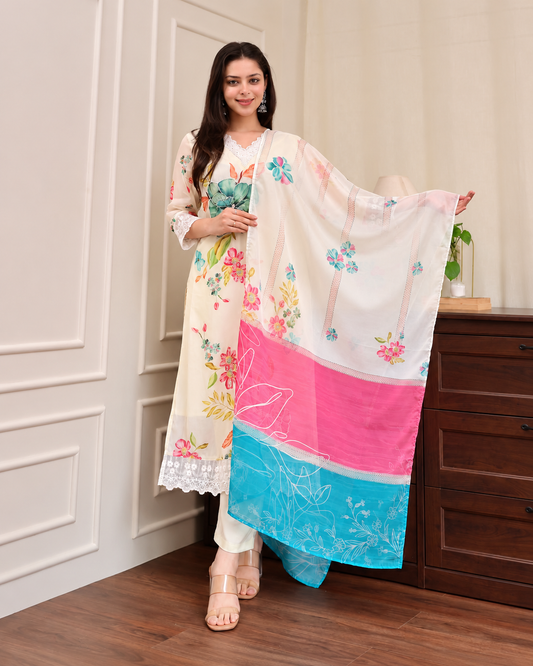 Women’s Floral Printed Kurta Set with Lace Detailing