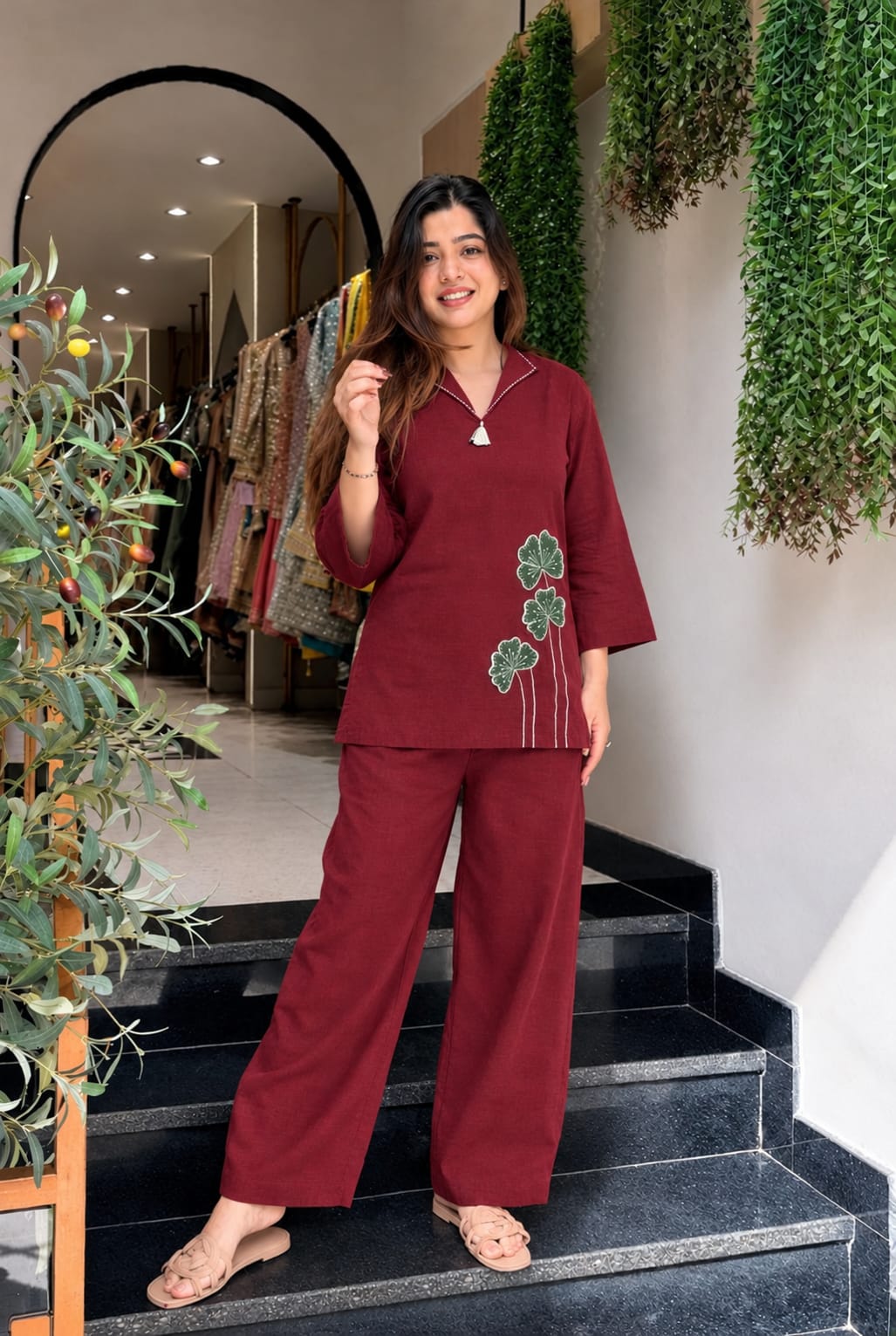 Women's Maroon Cotton Co-Ord Set with Premium Patchwork
