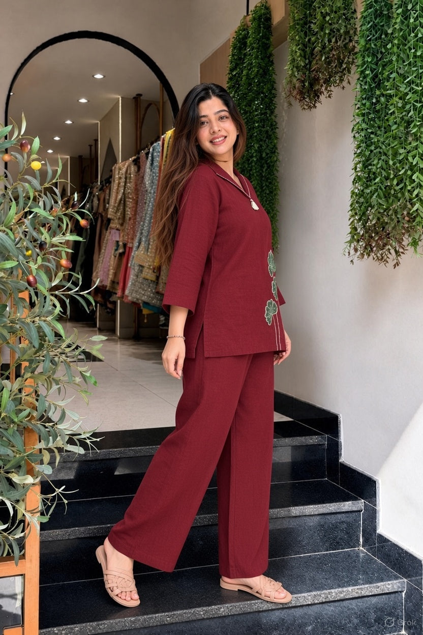Women's Maroon Cotton Co-Ord Set with Premium Patchwork