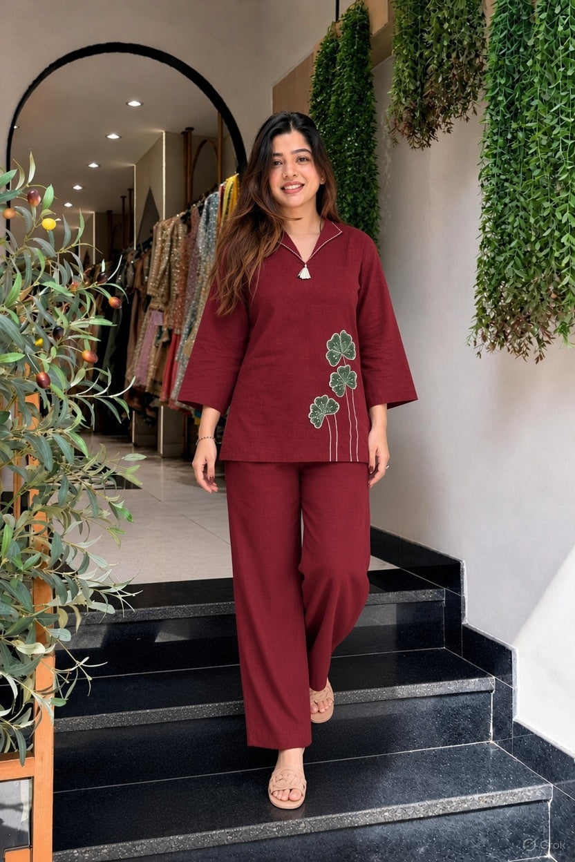 Women's Maroon Cotton Co-Ord Set with Premium Patchwork
