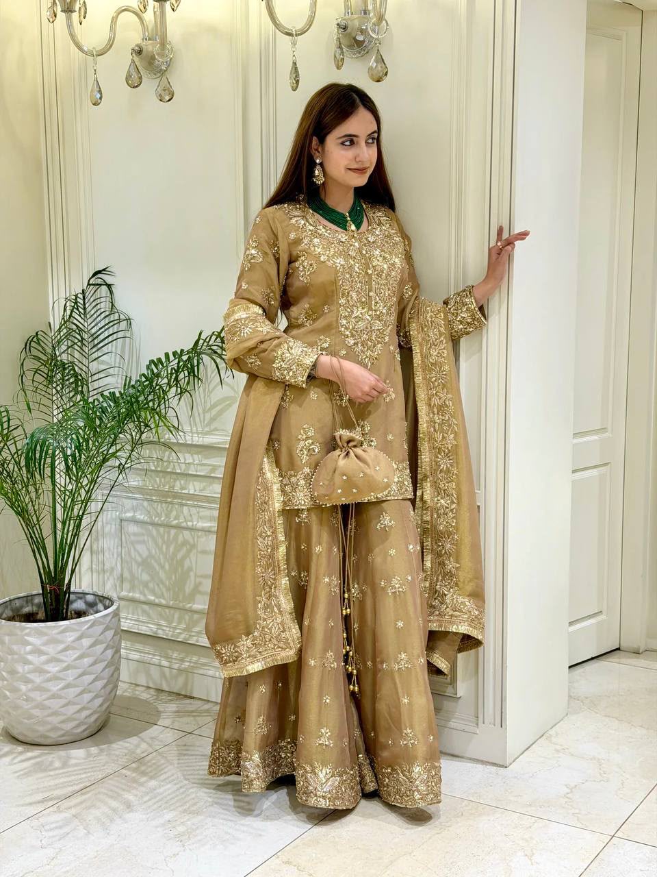 Designer Party Wear Look Moss Silk Top & Palazzo With Dupatta set