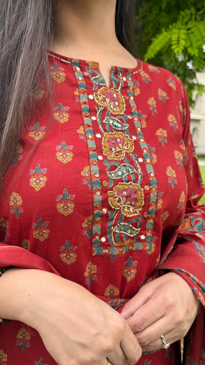 Meen Cotton Short Kurta With Palazzo and Dupatta