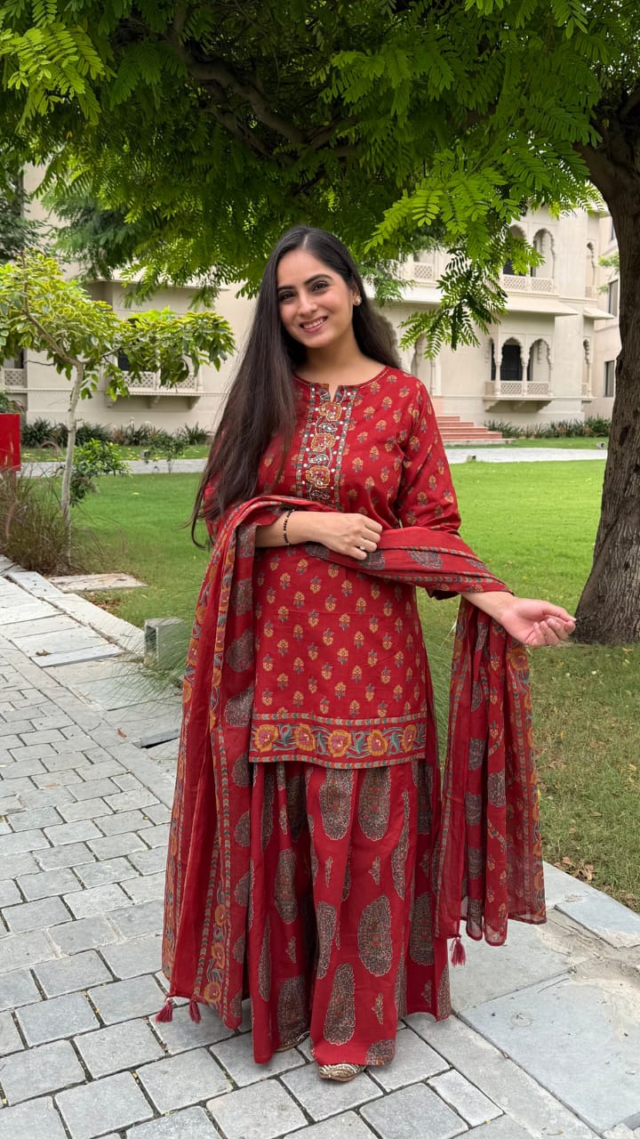 Meen Cotton Short Kurta With Palazzo and Dupatta