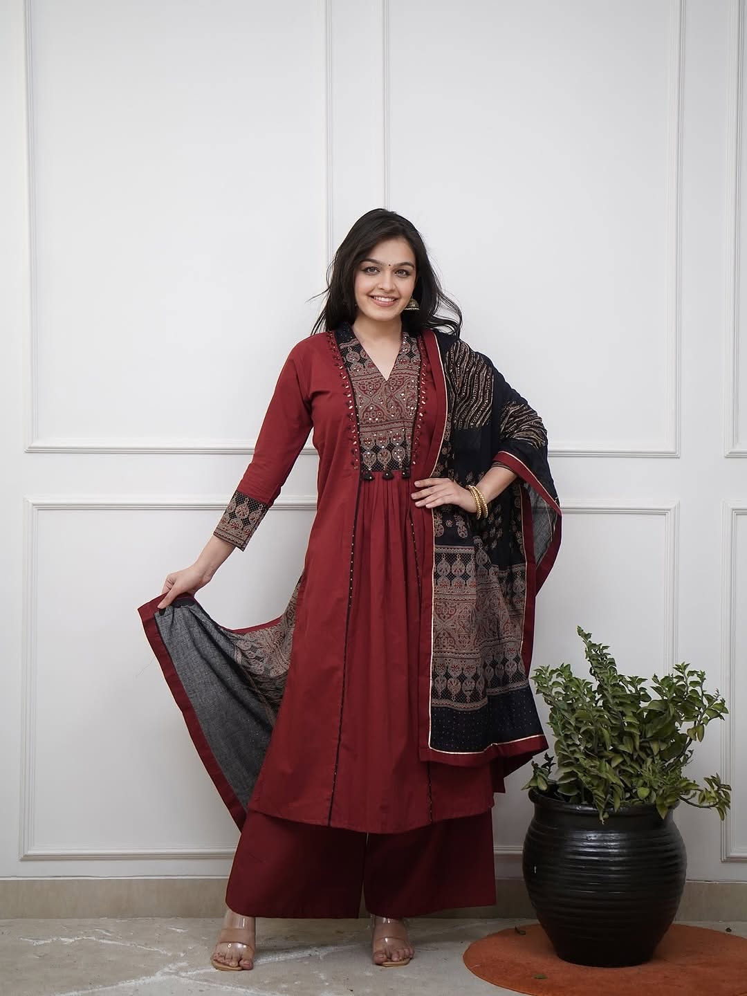 Embroidered A Line Kurti With Original Mirror Work Kurti Pant Set