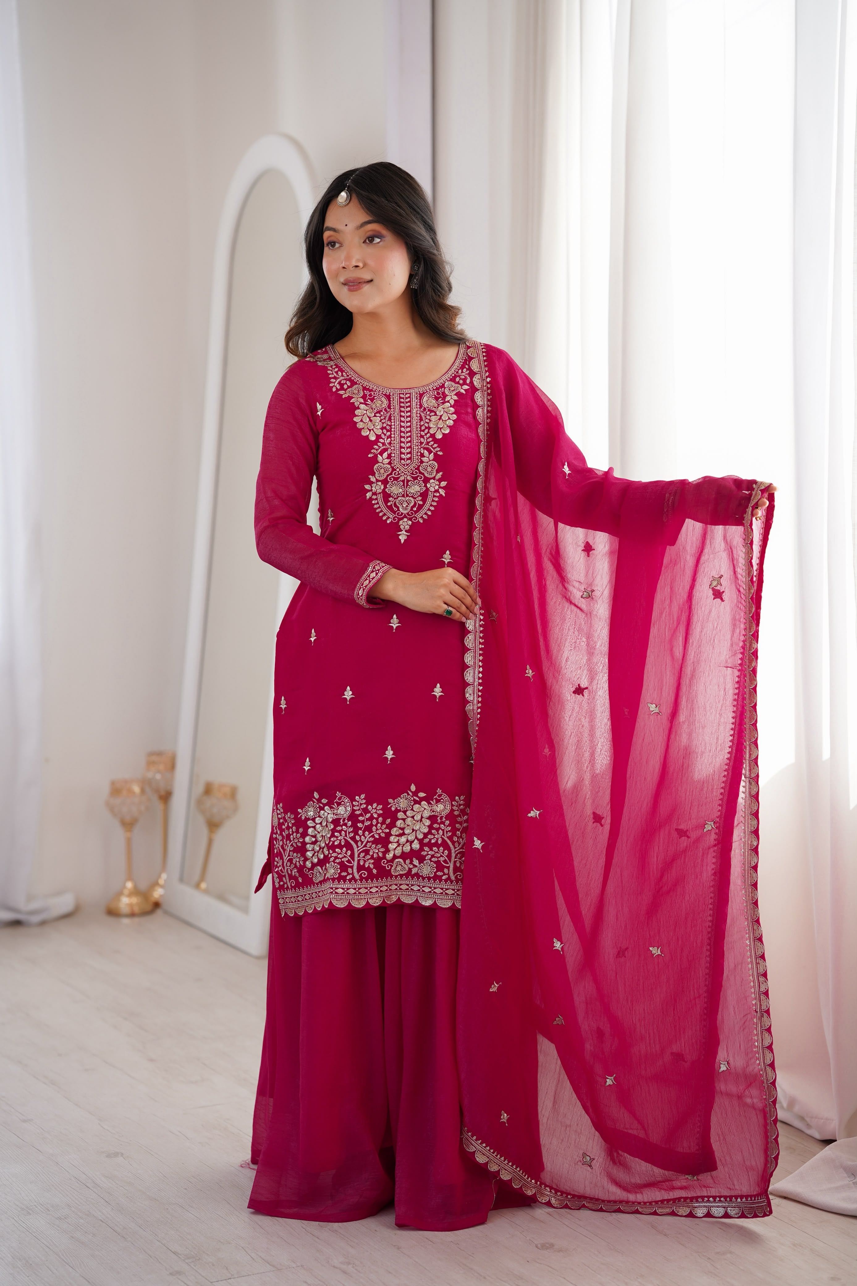 Designer Traditional Party Wear Soft Silk Top & Sharara With Dupatta set