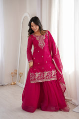 Designer Traditional Party Wear Soft Silk Top & Sharara With Dupatta set
