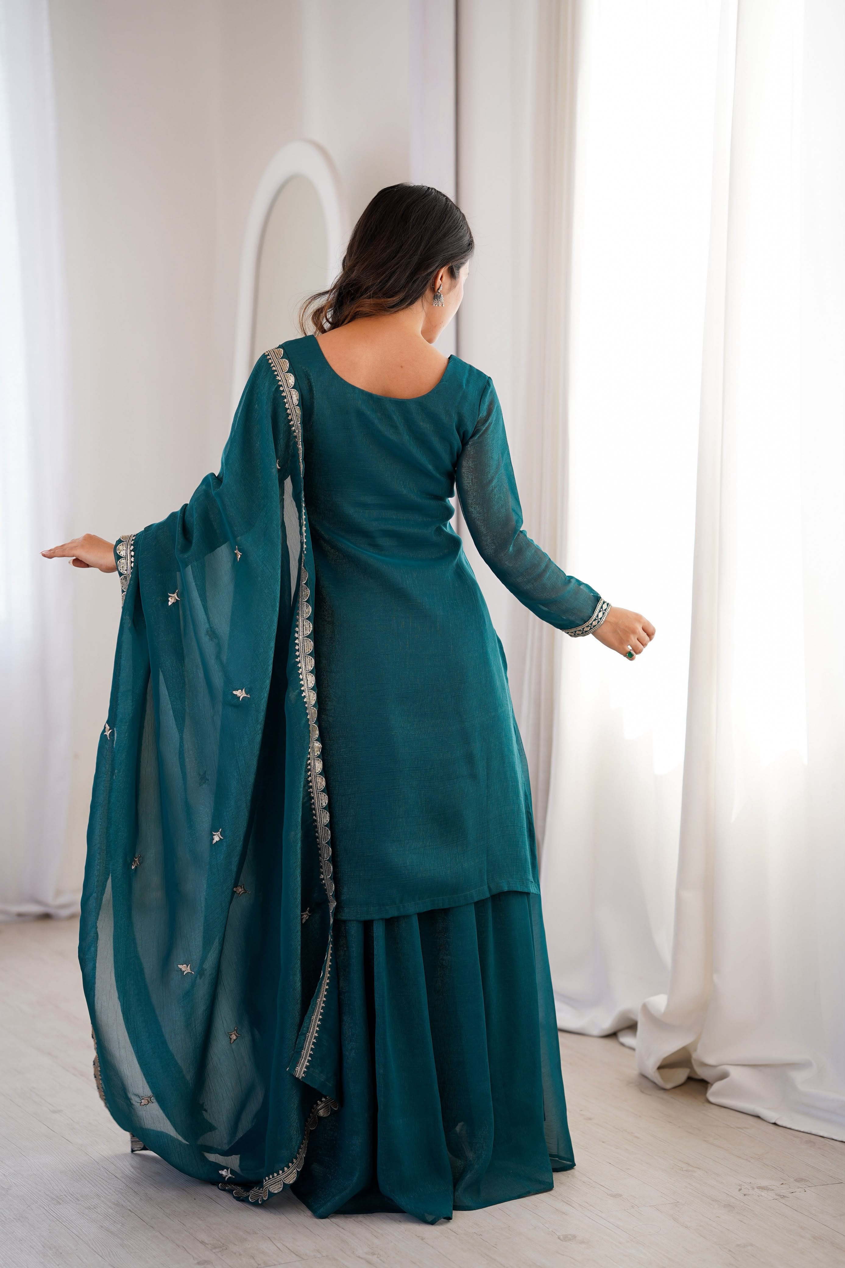 Designer Party Wear Soft Silk Top & Sharara With Dupatta set