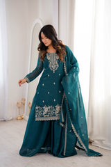 Designer Party Wear Soft Silk Top & Sharara With Dupatta set