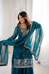 Designer Party Wear Soft Silk Top & Sharara With Dupatta set