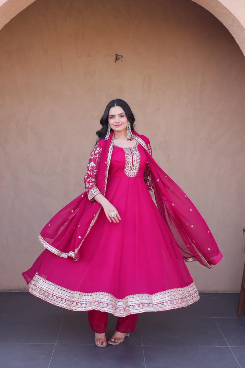 Pinky Silk Embroidery Coding Anarkali Suit