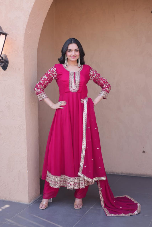 Pinky Silk Embroidery Coding Anarkali Suit