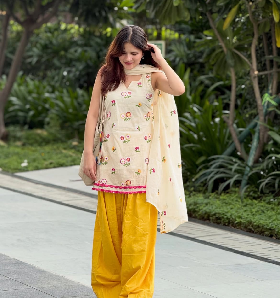 Malai Embroidery Cotton Kurti With Farsi Salwar Set