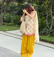 Malai Embroidery Cotton Kurti With Farsi Salwar Set