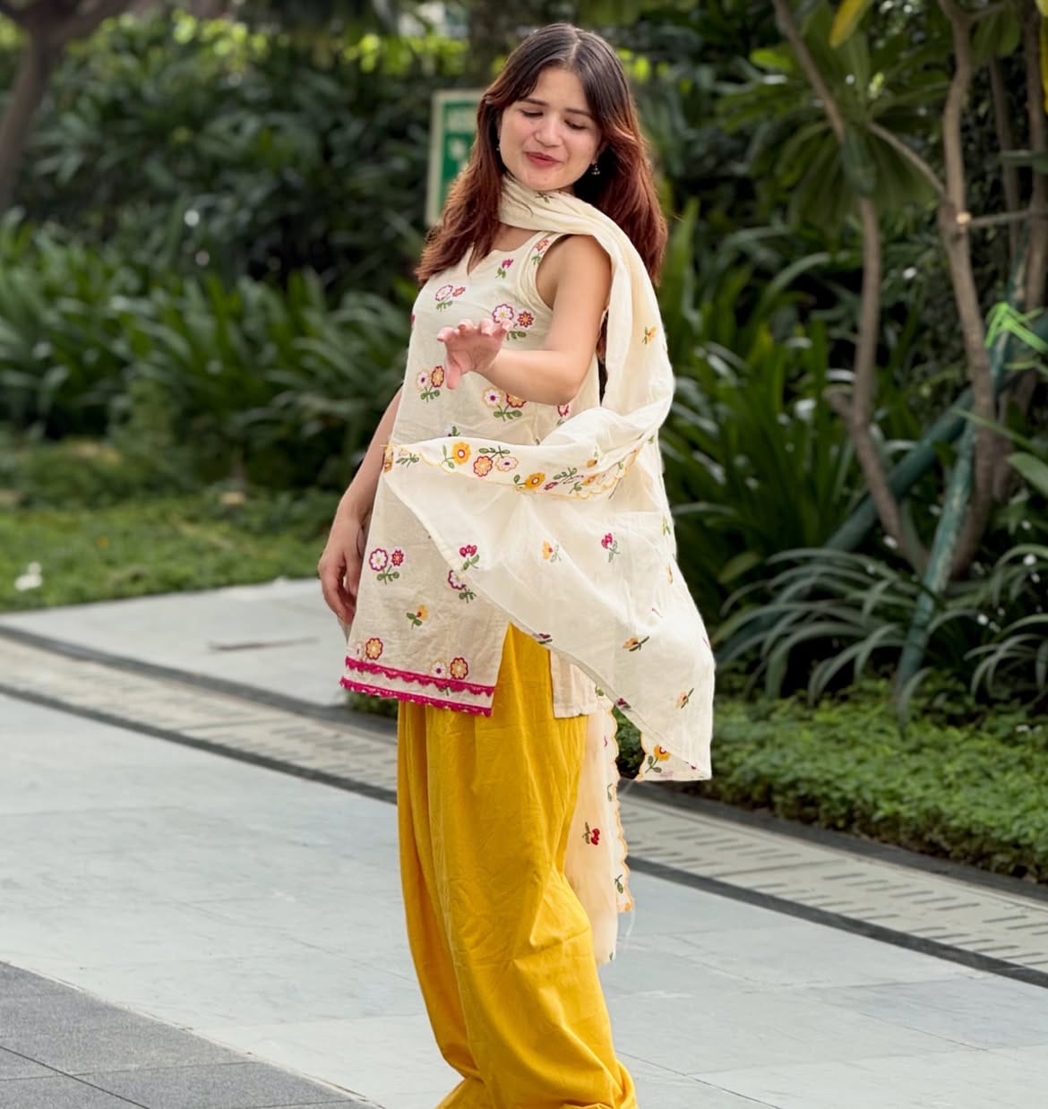 Malai Embroidery Cotton Kurti With Farsi Salwar Set