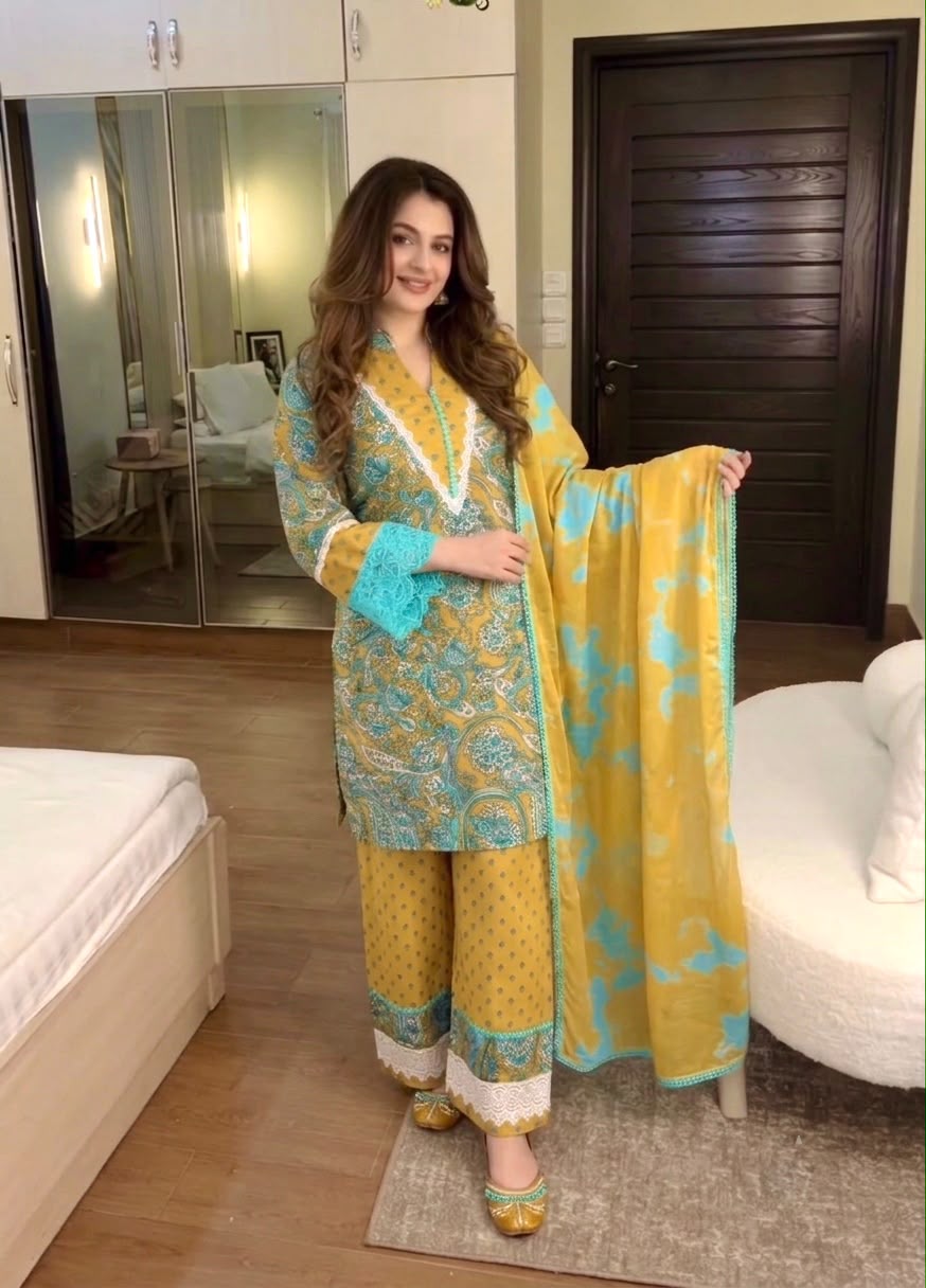 Maini Pur Printed  Embroidered Cotton Kurti Pant Set